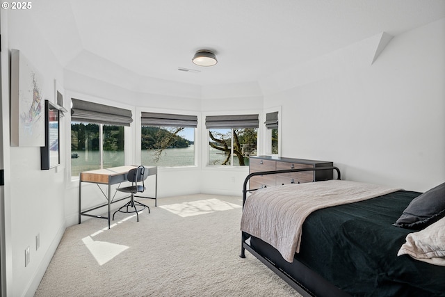 carpeted bedroom featuring a water view