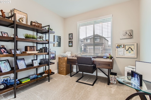 home office featuring light carpet