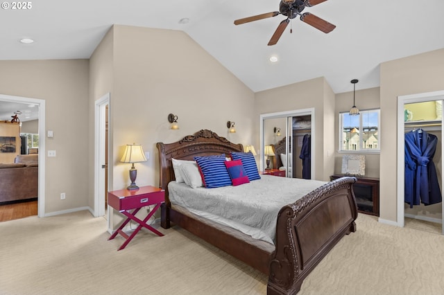238 SW 27th St, Newport, OR 97365 - bedroom with lofted ceiling, light carpet, baseboards, recessed lighting, and a ceiling fan