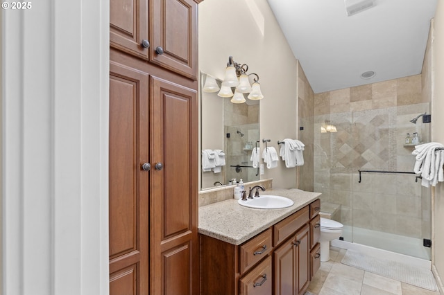 238 SW 27th St, Newport, OR 97365 - bathroom with vanity, a stall shower, toilet, and tile patterned floors