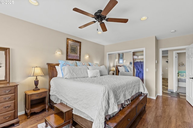 238 SW 27th St, Newport, OR 97365 - bedroom with a closet, wood finished floors, baseboards, recessed lighting, and a ceiling fan