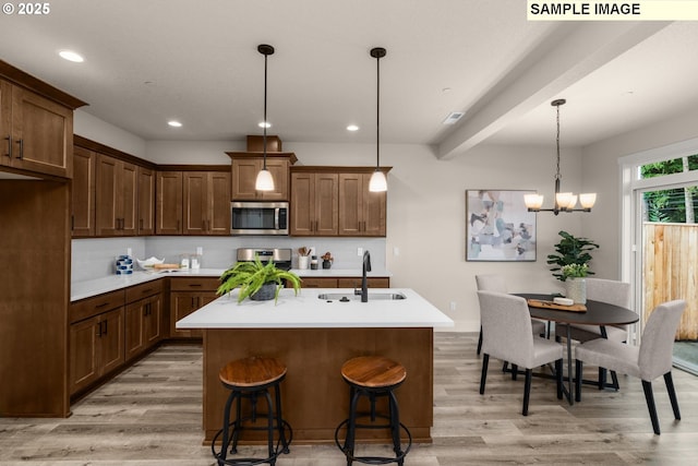 kitchen featuring appliances with stainless steel finishes, pendant lighting, sink, a kitchen bar, and a center island with sink