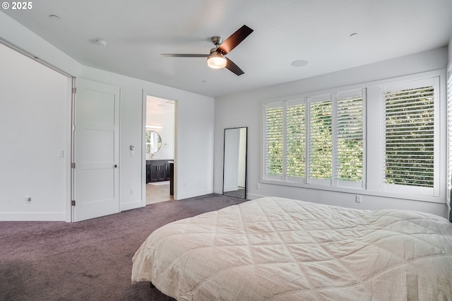 634 NE Province Ct, Camas, WA 98607 - bedroom with dark colored carpet, ensuite bath, and ceiling fan