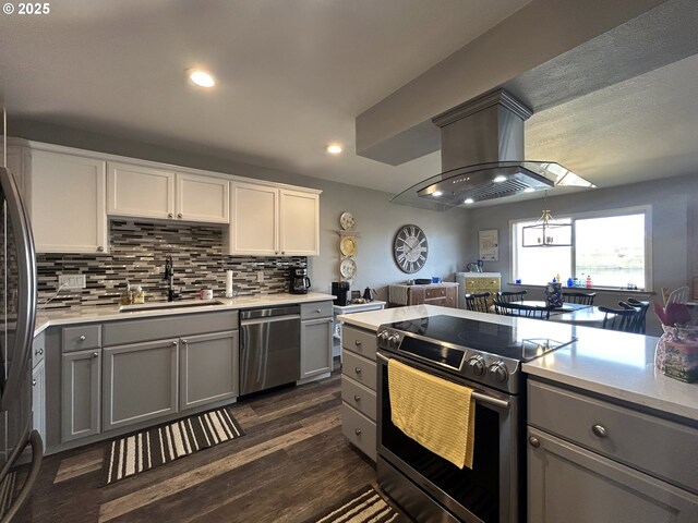 kitchen with gray cabinets, island range hood, stainless steel appliances, and a sink