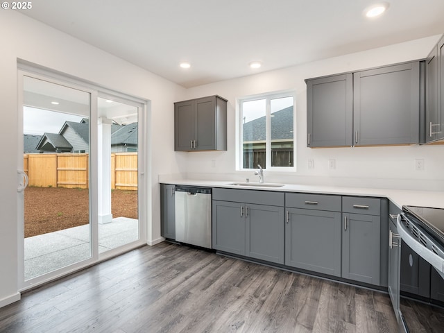 5905 NE 121st Way, Vancouver, WA 98686 - kitchen featuring black electric range oven, gray cabinets, dishwasher, light countertops, and dark wood-style floors