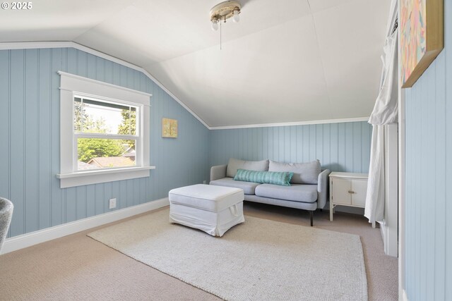 4134 N Concord Ave, Portland, OR 97217 - living room featuring carpet and vaulted ceiling