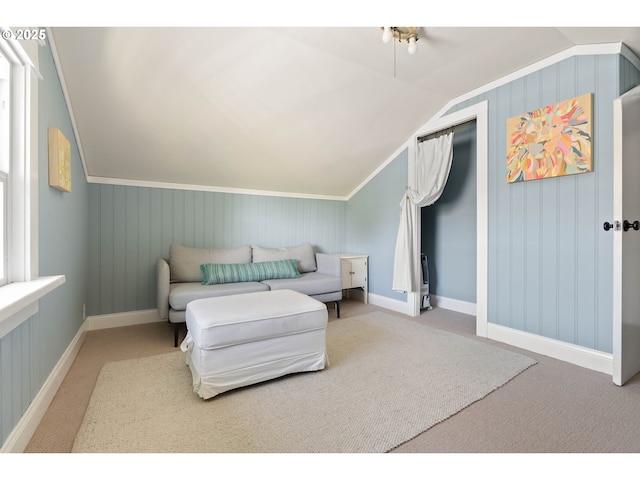 carpeted bedroom with baseboards and vaulted ceiling