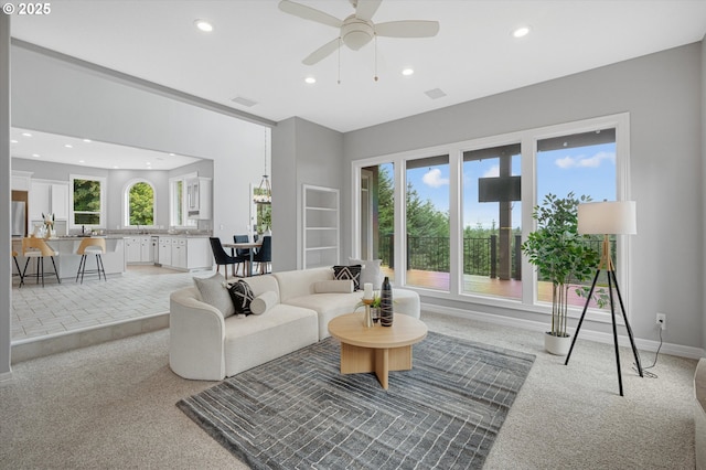 2350 SW Turner Rd, West Linn, OR 97068 - living area featuring light colored carpet, recessed lighting, and a ceiling fan