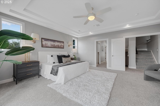2350 SW Turner Rd, West Linn, OR 97068 - bedroom with a raised ceiling, light colored carpet, recessed lighting, and a ceiling fan