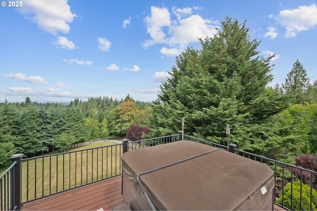 2350 SW Turner Rd, West Linn, OR 97068 - deck featuring a hot tub, a view of trees, and a yard