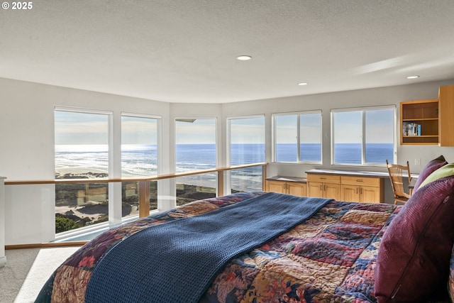 bedroom with a water view, carpet flooring, a beach view, and a textured ceiling