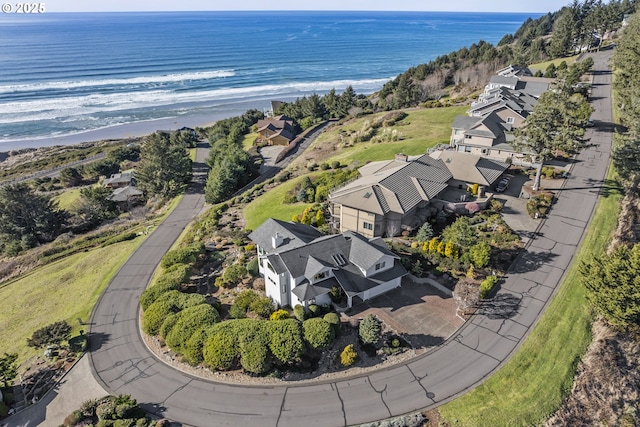 drone / aerial view featuring a water view and a view of the beach