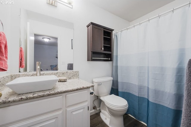 bathroom with vanity, wood-type flooring, and toilet