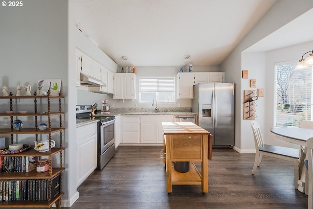 kitchen featuring sink, appliances with stainless steel finishes, a healthy amount of sunlight, white cabinets, and dark hardwood / wood-style flooring