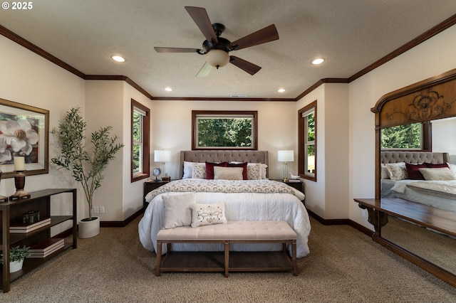 9684 Ankeny Crest Ln S, Salem, OR 97306 - carpeted bedroom featuring multiple windows, recessed lighting, baseboards, a textured ceiling, and ceiling fan