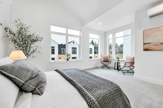 bedroom featuring a wall mounted air conditioner, carpet, and vaulted ceiling