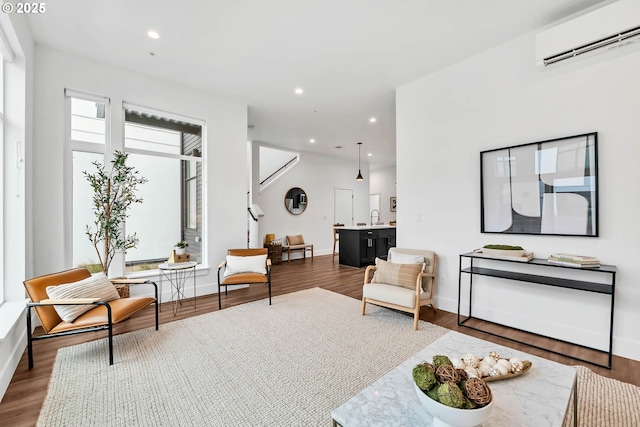 living area with dark hardwood / wood-style floors, sink, and a wall mounted AC