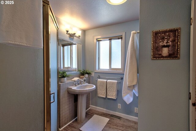 bathroom with baseboards, visible vents, and wood finished floors