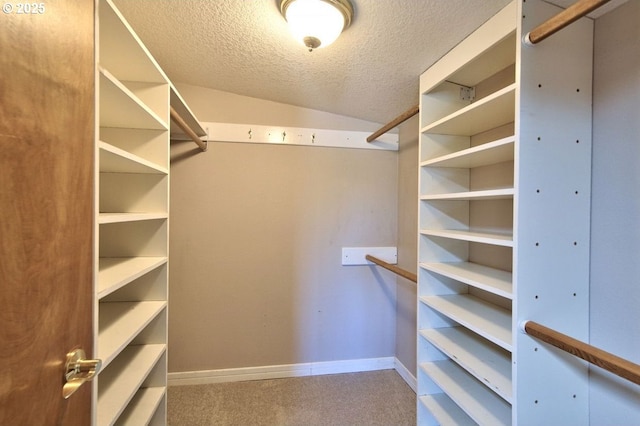 spacious closet featuring carpet flooring and vaulted ceiling