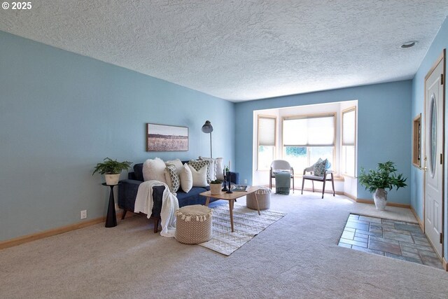 carpeted living area featuring a textured ceiling and baseboards