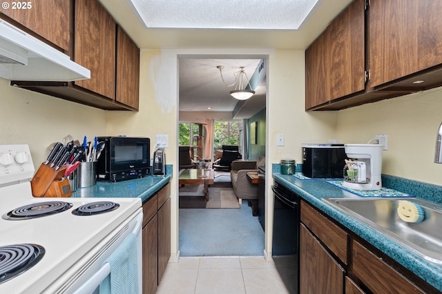 1659 NW Bridgeway Ln, Beaverton, OR 97006 - kitchen with white range with electric cooktop, under cabinet range hood, light tile patterned floors, dishwasher, and light carpet