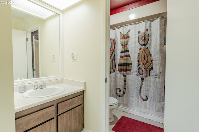 1659 NW Bridgeway Ln, Beaverton, OR 97006 - bathroom featuring vanity, toilet, a shower with shower curtain, and tile patterned floors