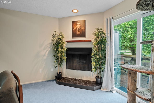 1659 NW Bridgeway Ln, Beaverton, OR 97006 - living area featuring carpet floors, a fireplace, baseboards, and a textured ceiling