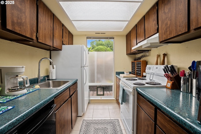 1659 NW Bridgeway Ln, Beaverton, OR 97006 - kitchen featuring white appliances, a sink, under cabinet range hood, light tile patterned flooring, and dark countertops