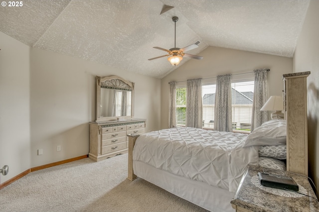 2459 SW Sandlewood Ln, Gresham, OR 97080 - bedroom with a textured ceiling, vaulted ceiling, light carpet, and ceiling fan