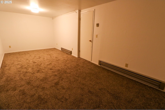 empty room featuring carpet flooring and a baseboard heating unit