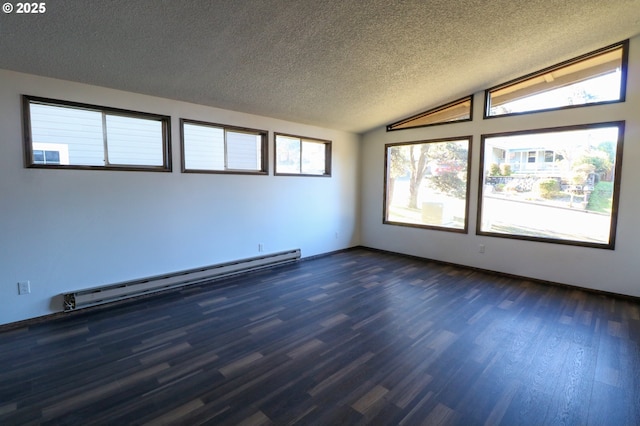 spare room featuring lofted ceiling, dark hardwood / wood-style flooring, a baseboard radiator, and a textured ceiling