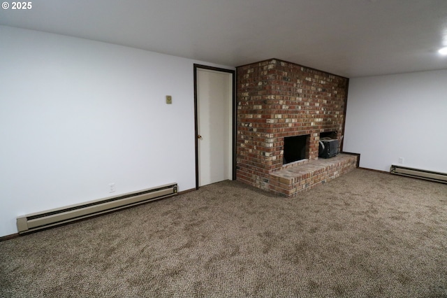 unfurnished living room with baseboard heating, carpet, and a fireplace