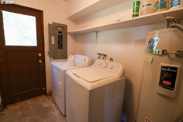 laundry room with electric panel, washer and dryer, and electric water heater