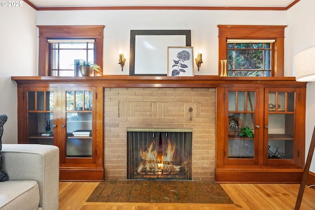 interior space featuring ornamental molding, wood finished floors, and a fireplace