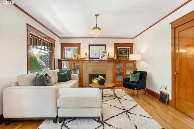 living room featuring baseboards, ornamental molding, wood finished floors, and a fireplace