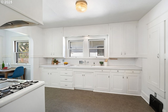 kitchen with dark carpet, visible vents, a sink, and white cabinetry