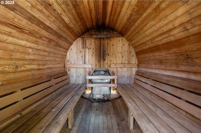 view of sauna with hardwood / wood-style flooring