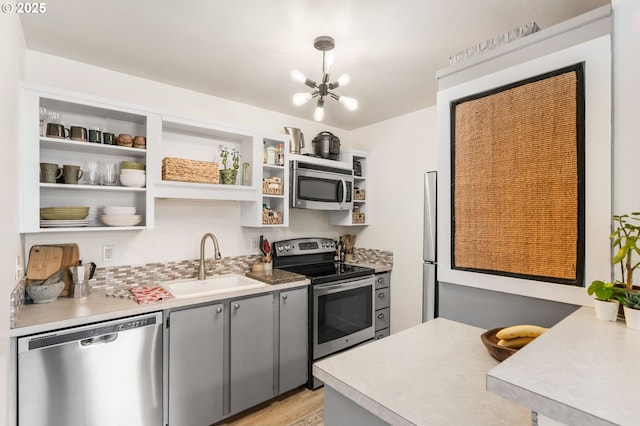 7538 SW Barnes Rd Unit H, Portland, OR 97225 - kitchen with appliances with stainless steel finishes, a sink, a chandelier, open shelves, and light wood-style flooring