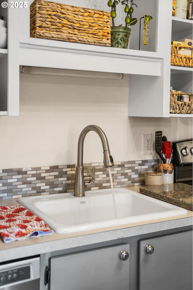 7538 SW Barnes Rd Unit H, Portland, OR 97225 - kitchen view of a sink, gray cabinets, decorative backsplash, and dishwashing machine