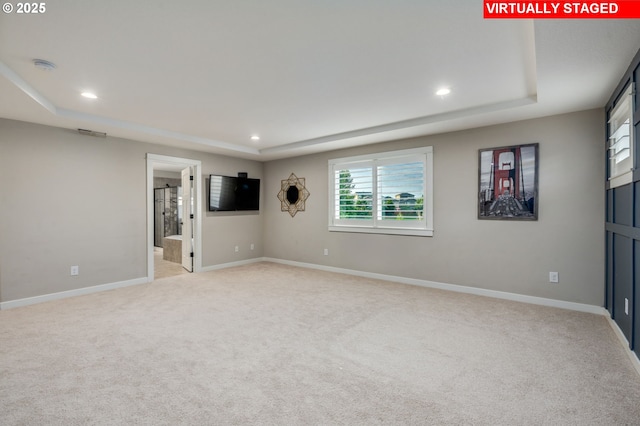 13864 SE Nightingale Ave, Happy Valley, OR 97015 - empty room with a tray ceiling, light colored carpet, recessed lighting, and a smoke detector