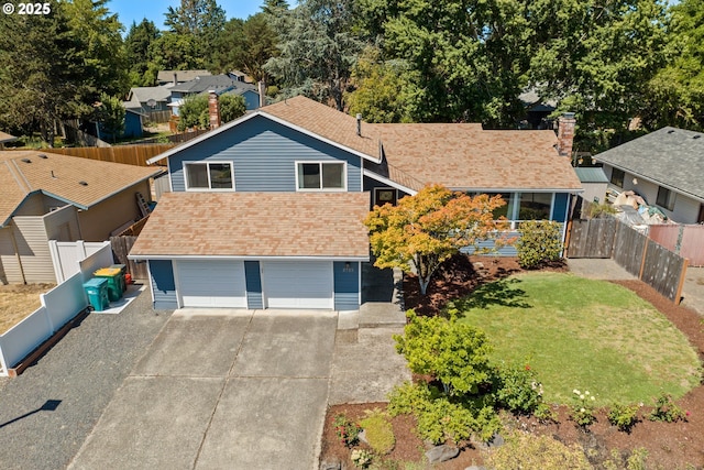 view of front of home with fence, roof with shingles, an attached garage, concrete driveway, and a front lawn