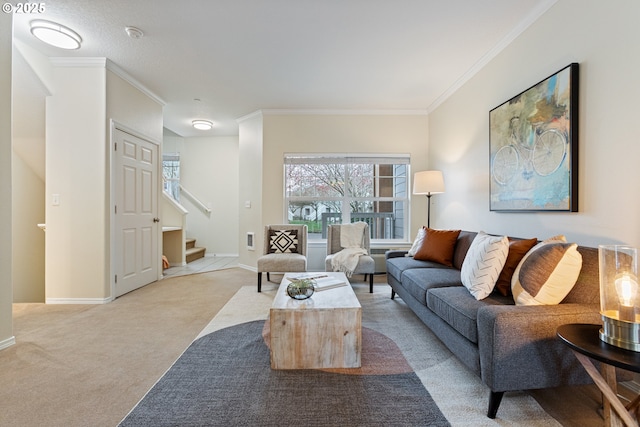 living area with stairway, light colored carpet, crown molding, and baseboards