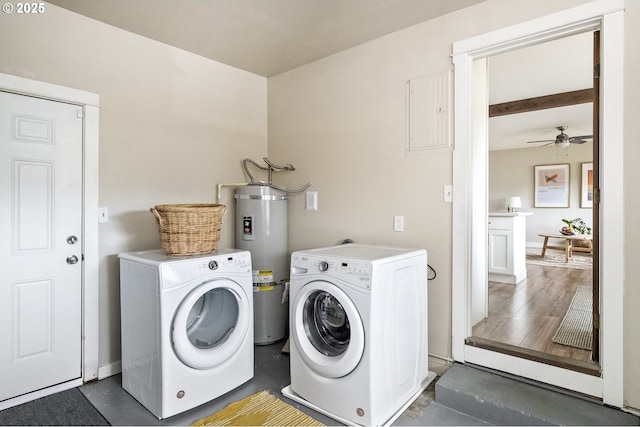 laundry area with washer and clothes dryer, water heater, and ceiling fan