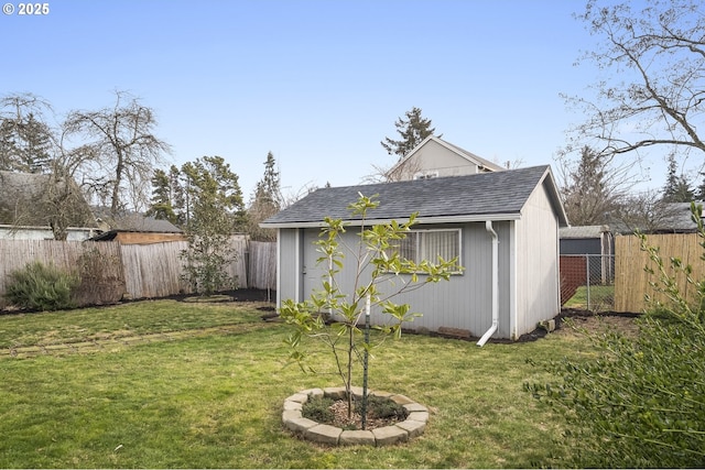 view of outbuilding featuring a lawn