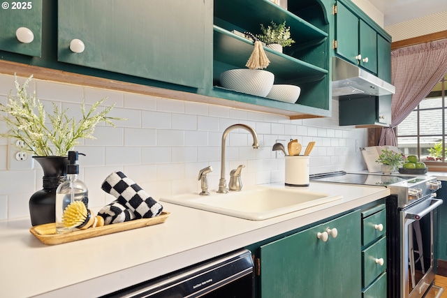15787 SW Village Cir, Beaverton, OR 97007 - kitchen featuring green cabinets, high end range, a sink, backsplash, and open shelves