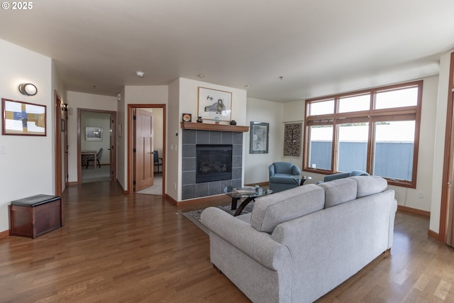 living room featuring baseboards, wood finished floors, and a fireplace