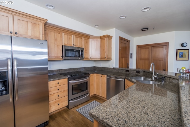 kitchen featuring dark stone counters, recessed lighting, a sink, stainless steel appliances, and dark wood-type flooring