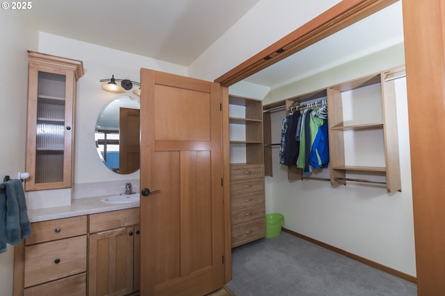 bathroom with baseboards, a spacious closet, and vanity