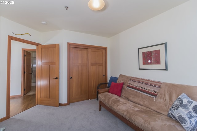 living area featuring baseboards and carpet