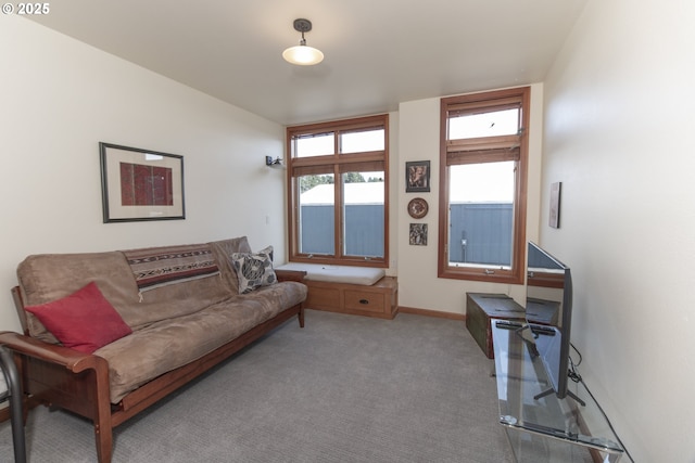 living room with baseboards and carpet